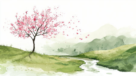 A tree with pink blossoms is in a field with a river running through it. The scene is peaceful and serene, with the pink blossoms adding a touch of beauty and color to the landscapeの素材