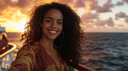 A woman with curly hair is smiling and taking a selfie on a boat. The sun is setting in the background, creating a warm and peaceful atmosphereの素材