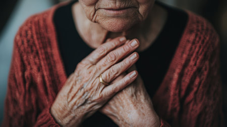 A woman with a gold ring on her finger is hugging her hands together. Concept of warmth and comfort, as the woman's hands are close to each other. The gold ring adds a touch of eleganceの素材
