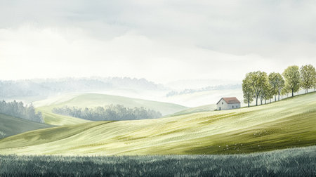 A painting of a field with a house in the middle. The house is surrounded by trees and the sky is cloudy. The mood of the painting is peaceful and sereneの素材