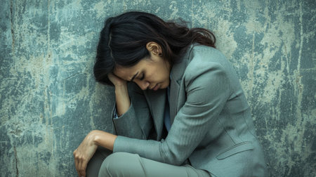 A woman is sitting on the ground with her head on her hands. She is wearing a gray jacket and gray pantsの素材