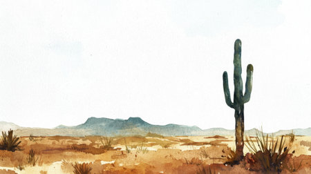 A cactus is standing in a desert landscape. The scene is calm and peaceful, with the cactus being the only living thing in the vast, empty spaceの素材