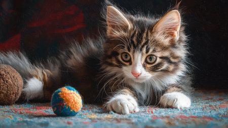 A kitten is laying on a rug with a toy ball in front of it. The scene is playful and cute, with the kitten looking at the ball with curiosityの素材