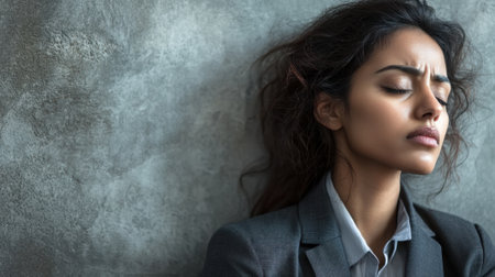 A woman with long hair is sitting on the ground with her head down. She is wearing a black jacket and a white shirtの素材