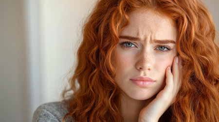 A woman with red hair is looking down at her face. She has a slight frown on her faceの素材