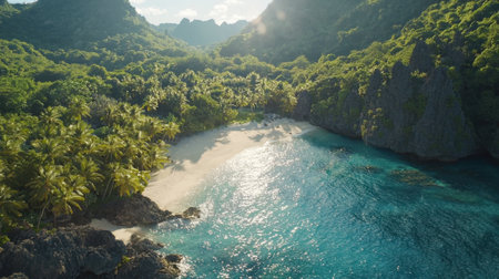 A beautiful beach with a clear blue ocean and lush green trees in the background. The scene is peaceful and serene, with the sun shining brightly on the waterの素材