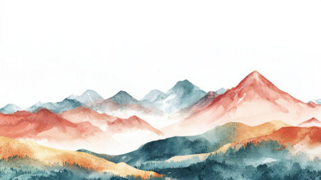 A mountain range with a blue sky in the background. The mountains are covered in trees and the colors are vibrantの素材