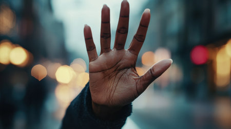 A hand is raised in the air, blocking the view of the street. The image has a moody and mysterious feel to it, as if something is being hidden or concealedの素材