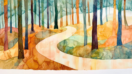 A painting of a forest path with trees and a winding road. The painting is full of color and has a peaceful, serene moodの素材