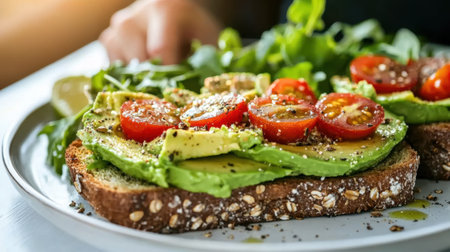 A plate of avocado toast with tomatoes and greens. The plate is white and the food is colorfulの素材