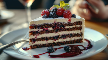 A slice of cake with berries and whipped cream on top. The cake is cut into layers and is served on a white plateの素材