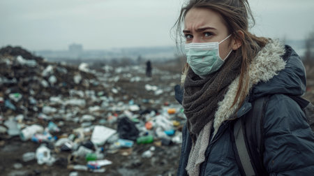 A woman wearing a mask and a scarf stands in front of a pile of trash. Concept of pollution and environmental degradationの素材