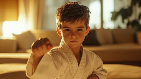 A young boy in a white karate uniform is standing and pointing his finger in the air. He looks angry and determinedの素材