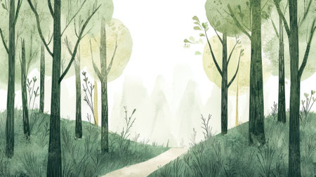 A painting of a forest with a path leading through it. The trees are green and the sky is white. The mood of the painting is peaceful and sereneの素材