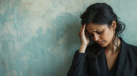A woman is crying and her head is on her hand. She is wearing a black jacket. Scene is sad and emotionalの素材
