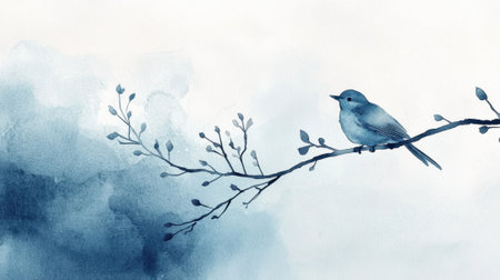 A blue bird is perched on a branch in a painting. The painting has a blue sky and a cloudy backgroundの素材
