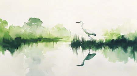 A bird is standing in a green field by a body of water. The bird is a heronの素材
