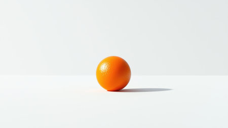 A single orange sits on a white background. The orange is the only object in the image. The orange is round and has a slightly bumpy textureの素材