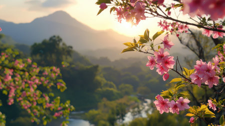 A beautiful mountain range with a river running through it. The sun is setting, casting a warm glow on the trees and flowers. The scene is serene and peacefulの素材