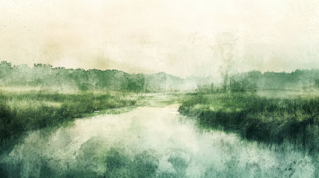A painting of a river with trees in the background. The mood of the painting is peaceful and sereneの素材