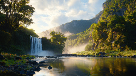 A waterfall is in the foreground of a lush green forest. The water is calm and the sky is cloudyの素材