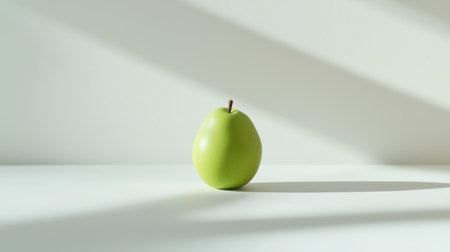 A green pear sits on a table in front of a window. The light shining on the pear creates a warm, inviting atmosphereの素材