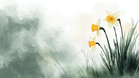 A painting of three yellow flowers in a field with a cloudy sky in the background. The mood of the painting is peaceful and sereneの素材