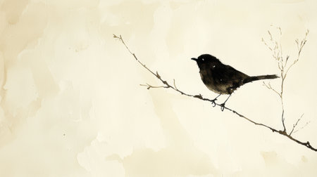 A black bird is perched on a branch. The bird is small and has a black head. The branch is thin and he is made of wood. The background is white and he is a part of a paintingの素材
