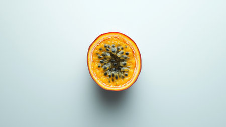 A small orange with black seeds in the center. The fruit is cut in half and the seeds are visibleの素材