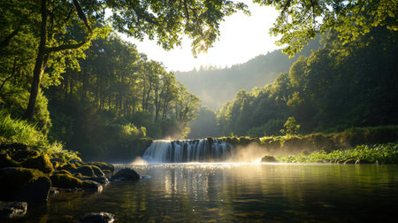 A beautiful forest with a waterfall and a river. The water is calm and the sun is shining through the treesの素材