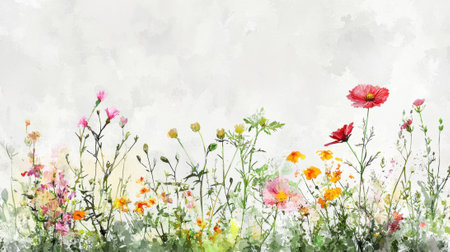 A painting of a field of flowers with a red flower in the foreground. The painting has a bright and cheerful mood, with the flowers representing the beauty and vibrancy of natureの素材