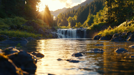 A beautiful waterfall is reflected in the water of a river. The sun is shining brightly, creating a serene and peaceful atmosphereの素材