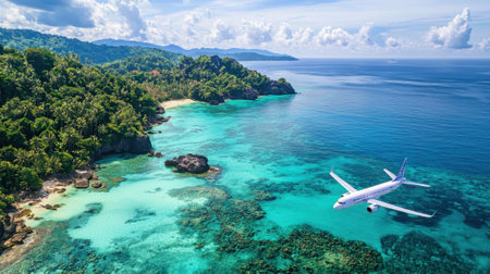 A white airplane flying over a beautiful blue ocean. The sky is clear and the sun is shining. The scene is peaceful and sereneの素材