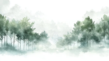 A painting of a forest with trees and a misty sky. The trees are green and the sky is white. The painting gives a feeling of calmness and serenityの素材