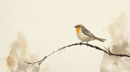 A bird is perched on a branch. The bird is small and brown. The sky is whiteの素材