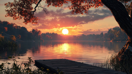 A beautiful sunset over a lake with a wooden dock. The water is calm and the sky is filled with orange and pink hues. The scene is peaceful and serene, making it a perfect place to relax and unwindの素材