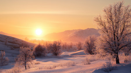 A beautiful snowy landscape with a sun setting in the background. The sky is a mix of orange and pink hues, creating a serene and peaceful atmosphereの素材
