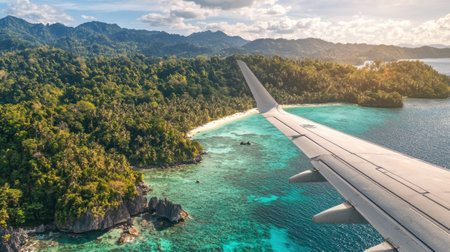 A plane is flying over a lush green forest and a beautiful blue ocean. The view is breathtaking and serene, with the trees and water creating a sense of calm and tranquilityの素材