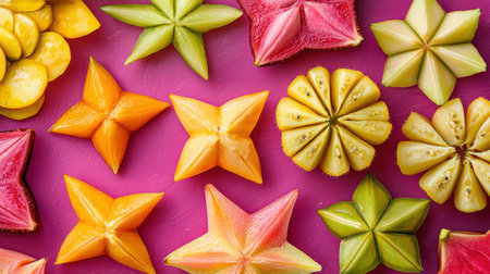 Star-shaped tropical fruits with vibrant colors, including yellow, orange, green, and red, are attractively arranged on a bright pink surface, showing their distinct forms.の素材