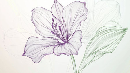 A sophisticated line drawing depicts a lily flower, showing delicate purple outlines and intricate details against a serene light backdrop, capturing elegance and artistry.の素材