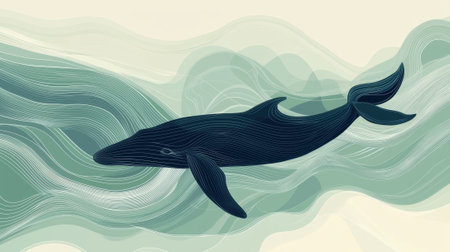 A majestic whale glides through the water, surrounded by gentle waves and serene colors. The artwork captures the beauty of ocean life with flowing lines and tranquil tones.の素材