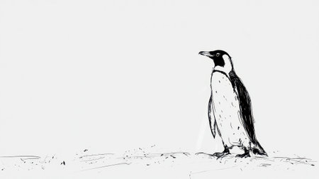 A solitary penguin stands proudly on a snowy terrain, creating a striking contrast against a minimalistic, pale background during twilight.の素材