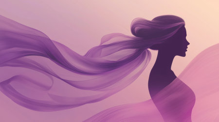 A graceful female silhouette is depicted, showcasing long, flowing hair and a soft form. The background features a blend of purple shades, creating a serene atmosphere reminiscent of dusk.の素材