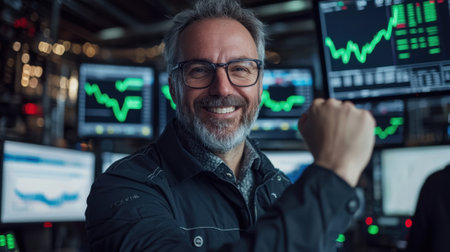 A trader smiles broadly while raising a fist in triumph, surrounded by multiple screens displaying financial data and green stock trends, indicating a successful trading session.の素材