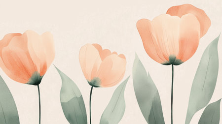 Softly colored tulips bloom in peach shades, standing gracefully against a light background. The delicate green leaves complement the flowers, evoking feelings of springtime beauty.の素材