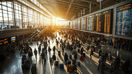 Crowds of travelers with luggage fill the spacious airport terminal as warm sunlight streams through large windows, creating elongated shadows on the floor.の素材