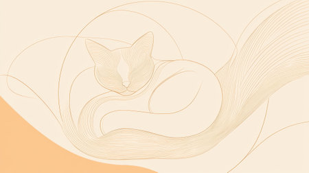 A sleeping cat curls up peacefully, its fluffy tail and smooth lines creating an elegant design. The soothing pastel background enhances the tranquil atmosphere of the artwork.の素材