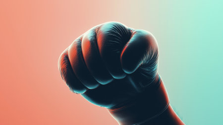 A powerful fist is raised against a vibrant gradient background, symbolizing determination and strength. The lighting emphasizes the contours of the hand, showing resilience.の素材