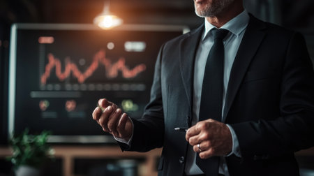 A business professional in a suit engages in a discussion while presenting financial graphs on a digital screen. The atmosphere is focused and indicative of a meeting strategy.の素材
