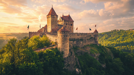 A stunning medieval castle stands proudly on a hill, surrounded by vibrant green trees. The sky is painted with warm hues as the sun sets, creating an enchanting atmosphere.の素材